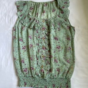 Floral sleeveless blouse, Green with pink flowers Size L